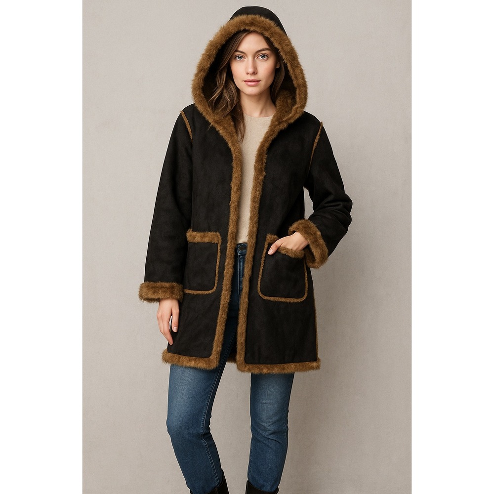 Dennis Basso Pennylane Hooded Faux Suede Coat M‎ Black Brown Faux Fur Trim Boho